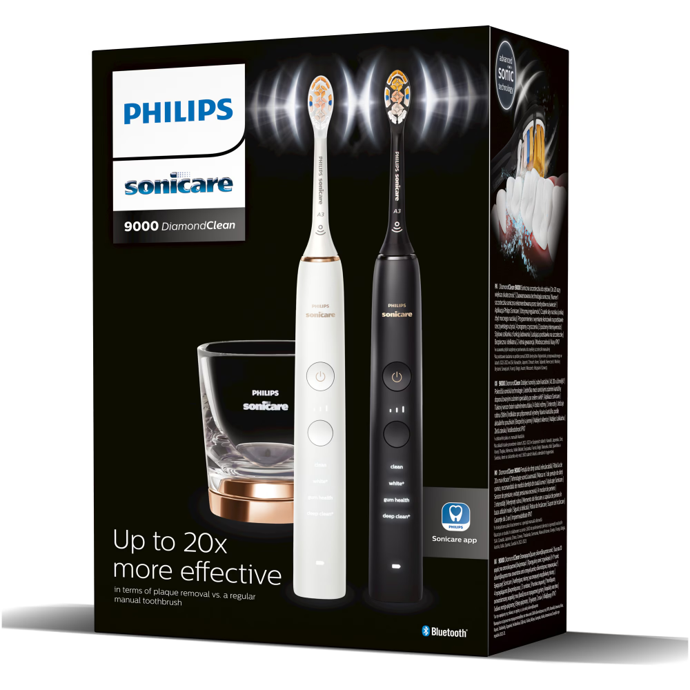 Set de doua periute sonice Philips Sonicare HX9914/69 Diamond Clean 9000 HX9914/69, 4 moduri de periere, 3 intensitati, 1 suport, 1 pahar, alb/negru/auriu [3]