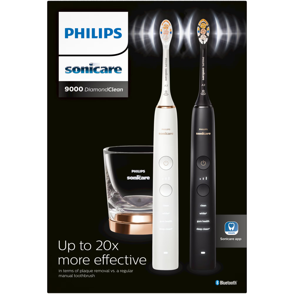 Set de doua periute sonice Philips Sonicare HX9914/69 Diamond Clean 9000 HX9914/69, 4 moduri de periere, 3 intensitati, 1 suport, 1 pahar, alb/negru/auriu [2]