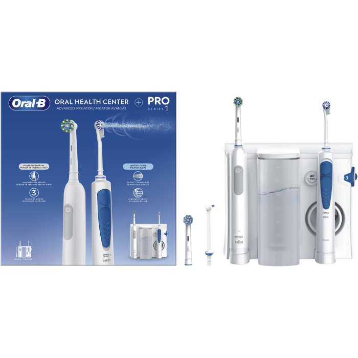 Set irigator bucal Oral-B Oral Health Center + Periuta de dinti electrica Pro Series 1, 5 program de presiune, 1 duza Oxyjet, 1 duza cu jet de apa, Curatare 3D, 2 capete, Alb [2]