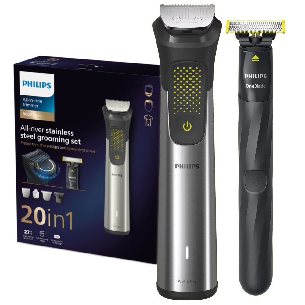 Set OneBlade & Aparat de tuns barba si parul 20 in 1 PHILIPS Multigroom All in One MG9553/15, tehnologie BeardSense si OneBlade, lame din otel cu auto-ascutire, 27 setari de lungime, rezistent la apa, [1]