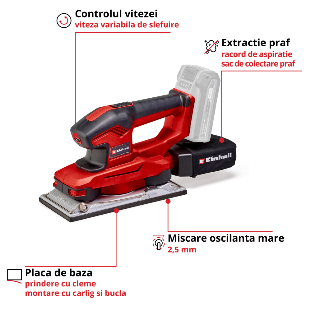Slefuitor orbital pe acumulator Einhell PXC TE-OS 18/230 Li Solo,18 V,circuit oscilant 2.5 mm, suprafata slefuire 230x115 mm,fara acumulator si incarcator in setul de livrare [3]