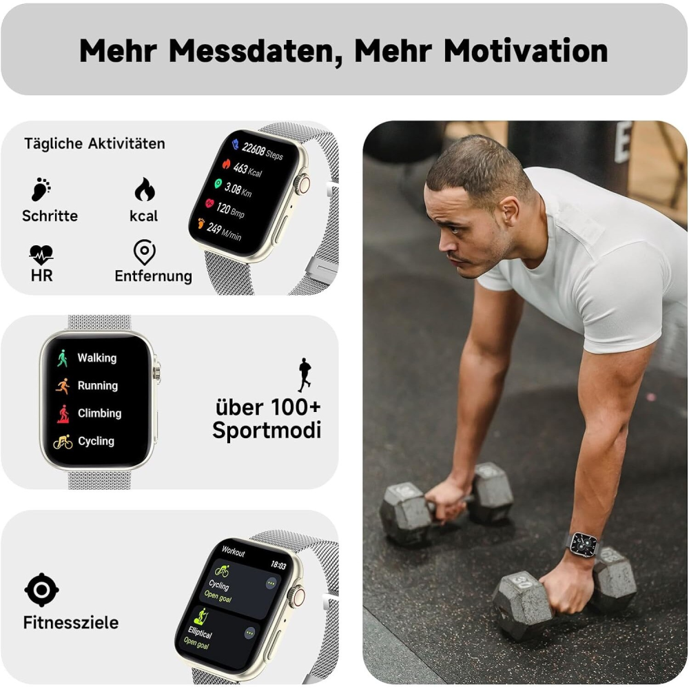Smartwatch BingoFit, Model G31, Ecran AMOLED 1.83 inch, pentru monitorizare Ritm cardiac, Somn, Tensiune arteriala, SpO2; tracker Fitness, 25 moduri de Sport, Gold [2]