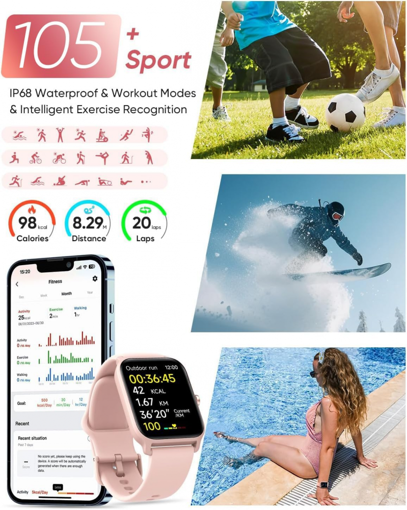 Smartwatch Fitpolo, Ecran 1.8inch, Functii Fitness multiple, 110 Moduri Sport, Masurare Ritm Cardiac, Pedometru, Bataile inimiii, SpO2, Waterproof IP68, Compatibil iOS si Android, roz [4]