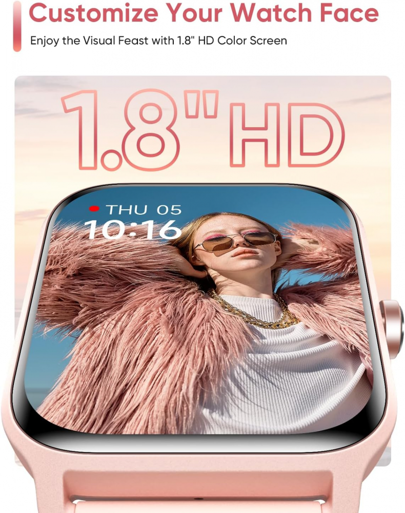 Smartwatch Fitpolo, Ecran 1.8inch, Functii Fitness multiple, 110 Moduri Sport, Masurare Ritm Cardiac, Pedometru, Bataile inimiii, SpO2, Waterproof IP68, Compatibil iOS si Android, roz [6]