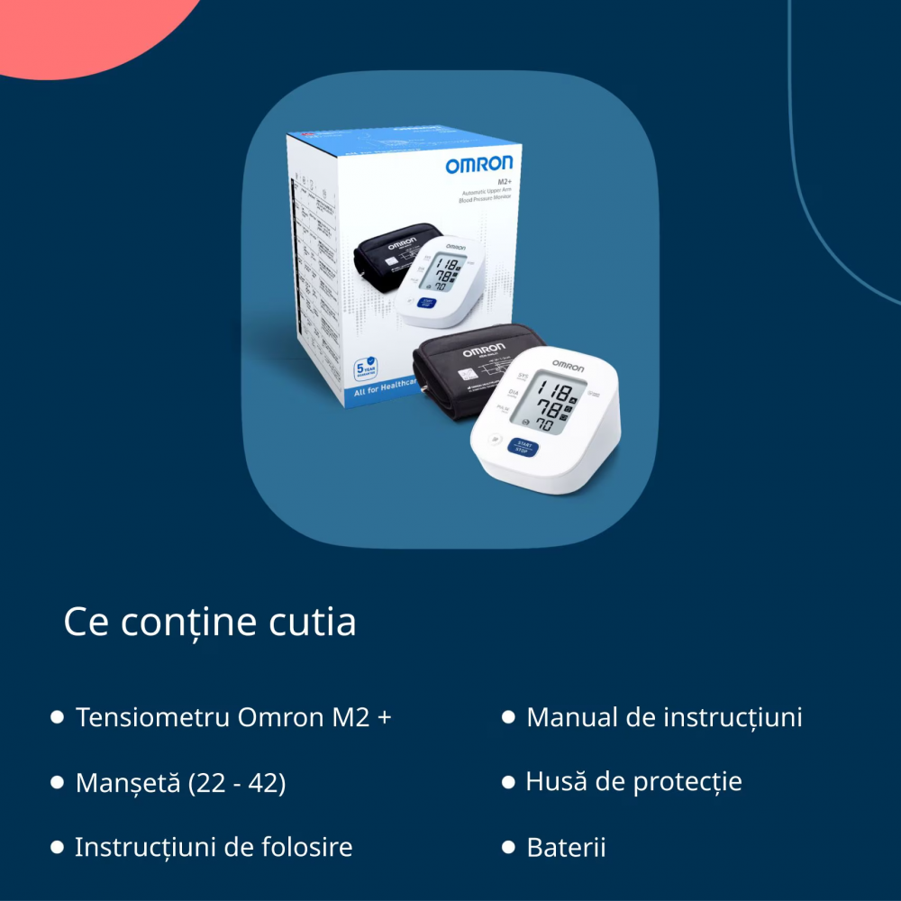 Tensiometru de brat complet automat Omron M2+, Tehnologie Intellisense, Aparat validat clinic, manseta mare 22-42 cm, Adaptor AC original Omron, Alb/Gri [4]