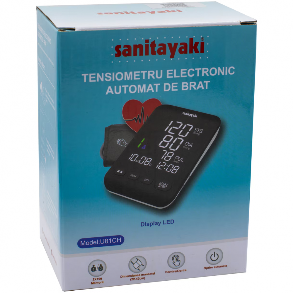 Tensiometru digital de brat cu ecran iluminat sanitayaki U81 CH, 2 x 90 memorii, oprire automata, manseta 22-42 cm, negru/alb [3]