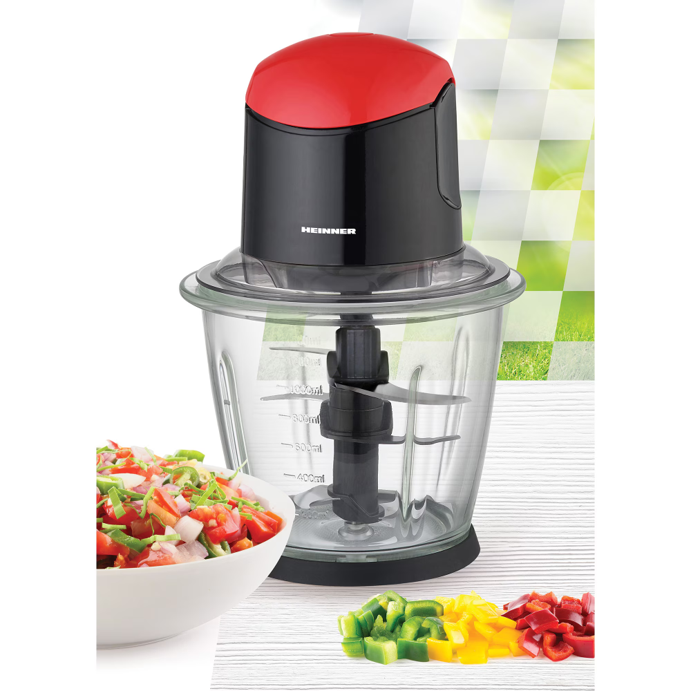 Tocator de legume Heinner, HMC-K500BKR, bol sticla 1.5L, 3 cutite din inox, angrenaj metalic, baza anti-alunecare, sistem de siguranta, putere: 500W, culoare negru cu rosu [2]