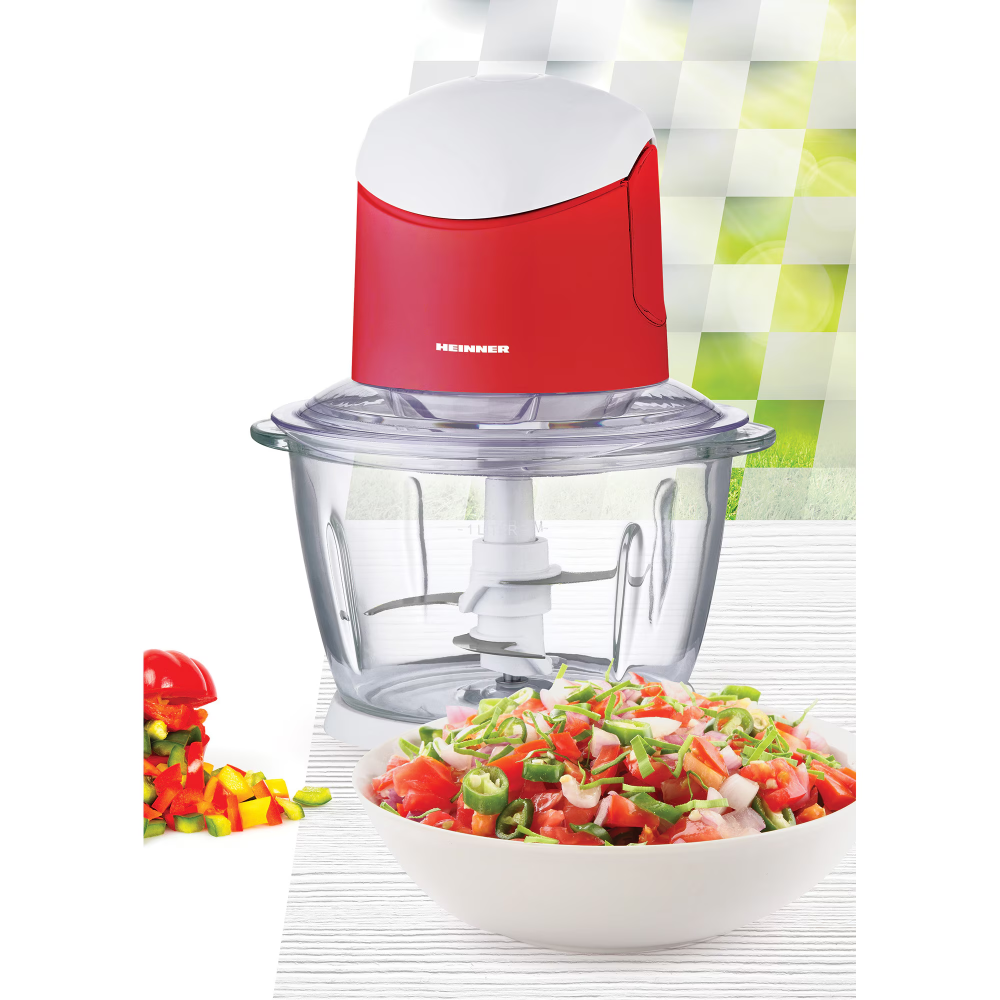 Tocator de legume Heinner HMC-K500WHR, 500W, 1 l, 2 cutite din inox, angrenaj metalic, baza anti-alunecare, bol sticla, sistem de siguranta, alb/rosu [2]