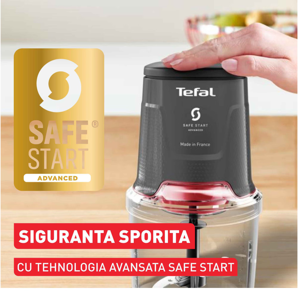 Tocator electric de legume Tefal Easy Press MQ740HF0, 500W, recipient 0.5L, 4 lame Powelix, 3 functii de tocare, maruntire si mixare, tehnologie Safe Start Advanced, gri & rosu [3]
