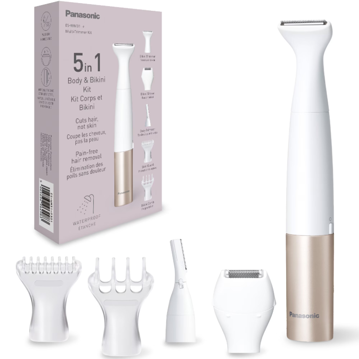 Trimmer 5in1 Panasonic ES-WM31-P301, pentru corp cu accesorii interschimbabile, Wet & Dry, lame otel inoxidabil hipoalergenic si rotunjite pe margini, roz/alb [1]