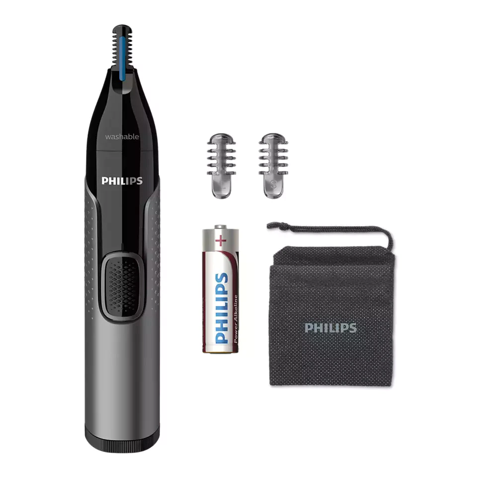 Trimmer pentru nas/urechi PHILIPS NT3650/16, baterie, lavabil, tehnologie Precision Trim, otel inoxidabil, pieptene pentru sprancene, pieptene 5 mm, Gri [1]