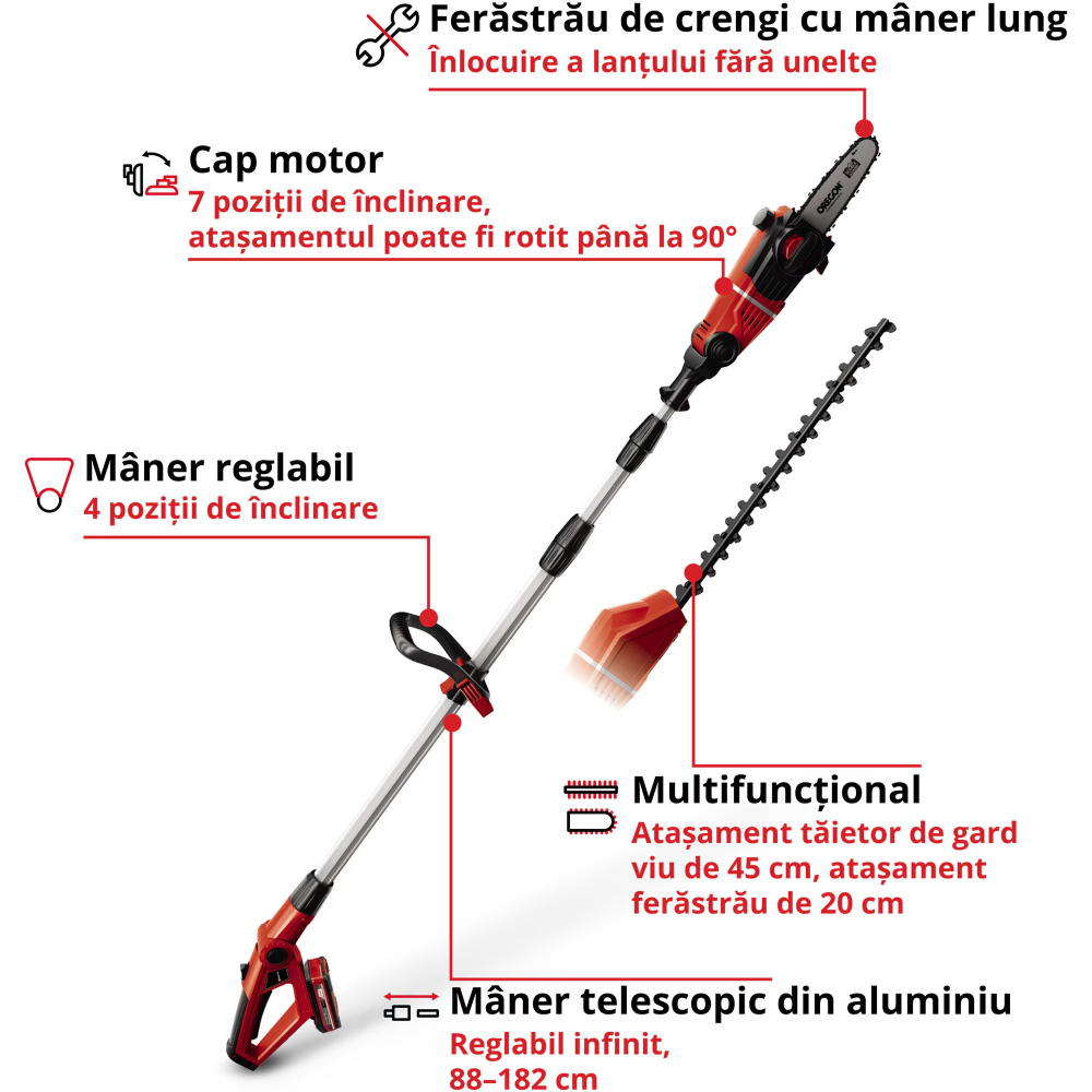 Unealta electrica pe acumulator multifunctionala 2 in 1 pentru gradina Einhell Power-X-Change GE-HC 18 Li T Kit, 18 V, fierastrau pentru crengi, foarfeca pentru gard viu, brat telescopic, contine: inc [3]