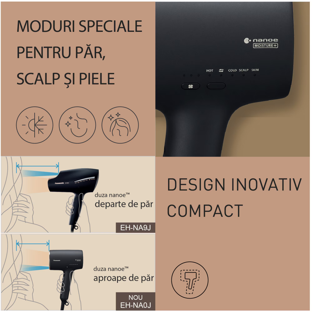 Uscator de par PANASONIC EH-NA0J-N825 cu nanoe™ MOISTURE+ si Ioni Minerali, detectie si reglare automata a temperaturii, 1600W, 4 moduri de utilizare si 3 trepte de reglare flux aer, negru [5]