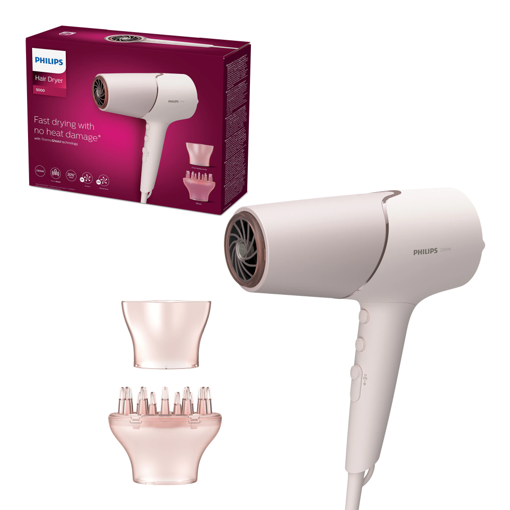 Uscator de par Philips BHD530/00, 2300W, tehnologie ThermoShield, ingrijire cu ioni, 2 setari de viteza, 3 setari de temperatura, difuzor, cap de coafare 11 mm, Rose gold/perlat [1]