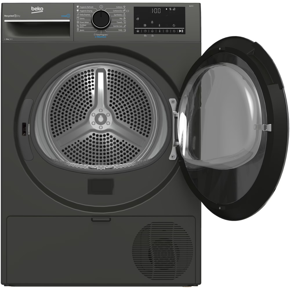 Uscator de rufe BEKO B3T68239MG EU, 8 kg, 15 programe, Aquawave, Pompa de caldura, Clasa D, gri inchis [2]