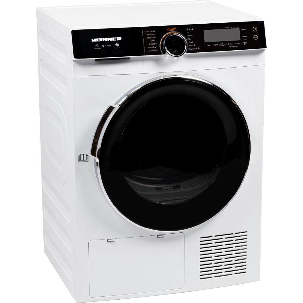 Uscator de rufe cu pompa de caldura Heinner HHPD-M10K3A+++, 10 kg, 14 programe, Clasa C,  Motor inverter, Control touch, Functie Anti-Sifonare, Program Sterilizare, Iluminare cuva, Alb [2]