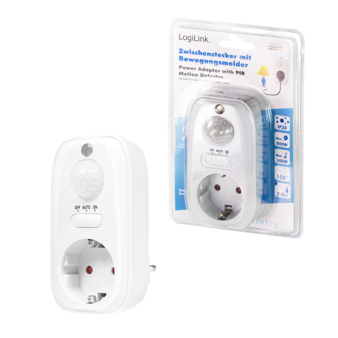 Adaptor priza LogiLink PA0248, senzor de miscare PIR detector zi/noapte, 1 priza, IP20, Alb [1]