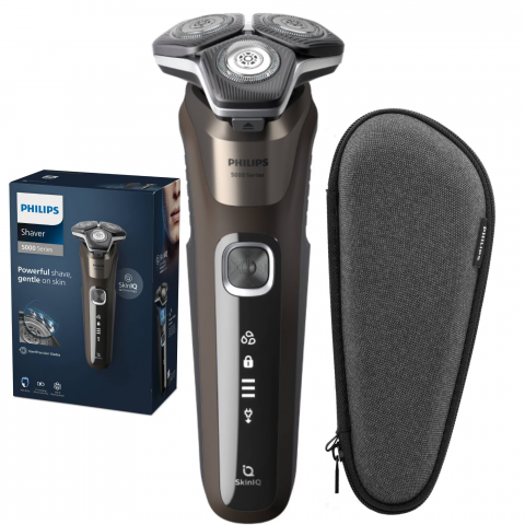 Aparate de Barbierit - Aparat de barbierit PHILIPS Shaver Seria 5000 S5886/30, barbierit umed si uscat, tehnologie SkinIQ, fara fir, capete flexibile 360°, display LED, senzor Power Adapt, lame auto-ascutire, lama de tuns i
