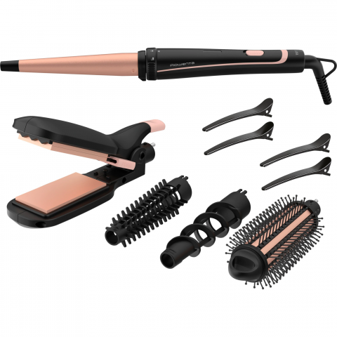 Ondulatoare de Par - Aparat de coafat Rowenta CF4231F0, Infinite Looks 14 în 1, invelis ceramic, accesoriu conic pentru bucle, perie rotunda, negru/portocaliu