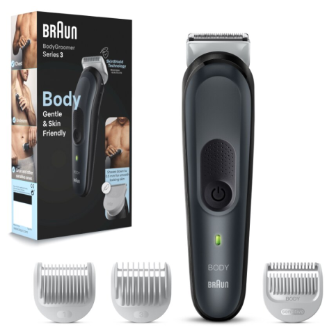ACCESORII - Aparat de ingrijire corporala Braun BG3340 cu Tehnologie Skinshield, 2 piepteni ficsi, 1 pieptene pentru zone sensibile, 1 incarcator, Negru/Gri