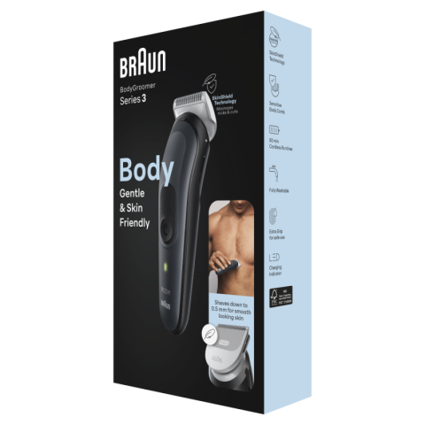 Aparat de ingrijire corporala Braun BG3340 cu Tehnologie Skinshield, 2 piepteni ficsi, 1 pieptene pentru zone sensibile, 1 incarcator, Negru/Gri [2]