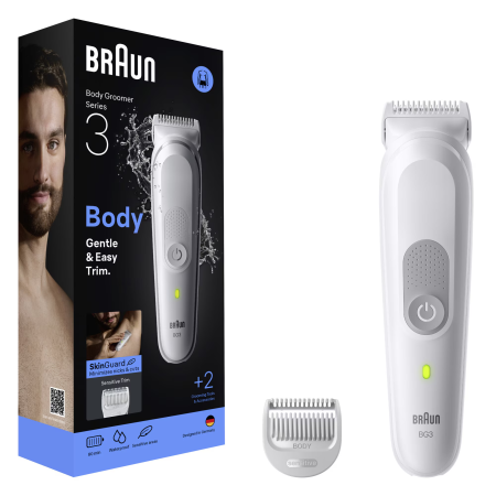 Aparate de Tuns si Ras - Aparat de ingrijire corporala Braun Seria 3 BG3500,Tehnologie SkinGuard, Delicat pentru zone sensibile, Autonomie 80 minute, Rezistent la apa, Gri deschis