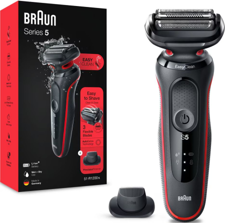 Aparate de Tuns si Ras - Aparat de ras electric Braun Series 5 51-R1200s Wet&Dry. AutoSense. Easy Clean. Easy Click. 3 elemente de taiere. 1 accesoriu pentru mustata si perciuni. Rosu/Negru