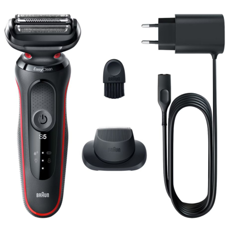 Aparat de ras electric Braun Series 5 51-R1200s Wet&Dry. AutoSense. Easy Clean. Easy Click. 3 elemente de taiere. 1 accesoriu pentru mustata si perciuni. Rosu/Negru [1]