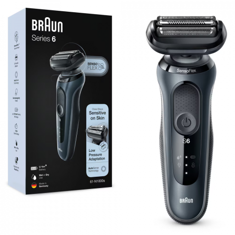 Aparate de Barbierit - Aparat de ras electric Braun Series 6 61-N1000s Wet&Dry, AutoSense, 4 elemente de taiere, SensoFlex, Trusa de voiaj, Gri