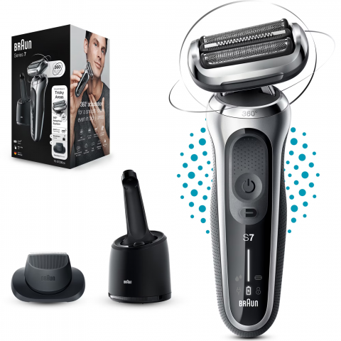 Aparate de Tuns si Ras - Aparat de ras electric Braun Series 7 71-S7200cc Wet&Dry, 4 elemente de taiere, SensoFlex, AutoSense, Statie de incarcare si curatare Smart Care, Trusa de voiaj, Argintiu