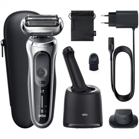 Aparat de ras electric Braun Series 7 71-S7200cc Wet&Dry, 4 elemente de taiere, SensoFlex, AutoSense, Statie de incarcare si curatare Smart Care, Trusa de voiaj, Argintiu [1]