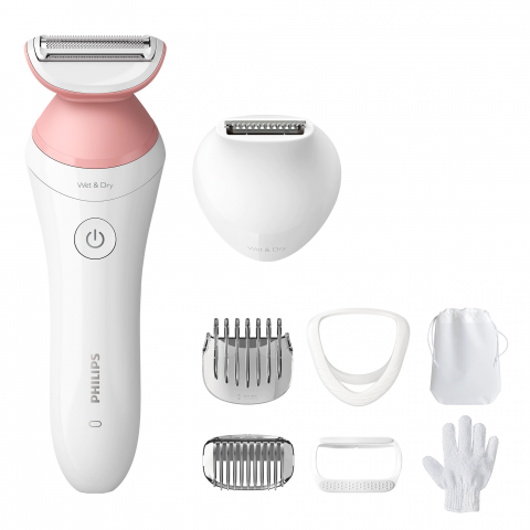 Ingrijire Personala - Aparat de ras fara fir, umed si uscat Philips Lady Shaver Seria 6000 BRL146/00, Wet&Dry, 10 ore incarcare, 40 min utilizare, Husa, manusa exfoliere, Alb/Roz