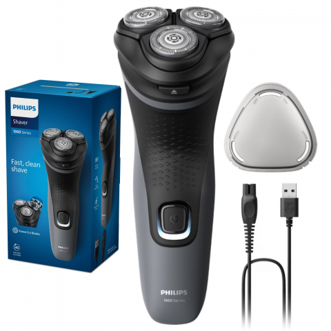Aparate de Barbierit - Aparat de ras PHILIPS Shaver Seria 1000 S1142/00, barbierit umed si uscat, fara fir, capete 4D flexibile, lame autoascutire, 40 min, capac de protectie, Gri inchis
