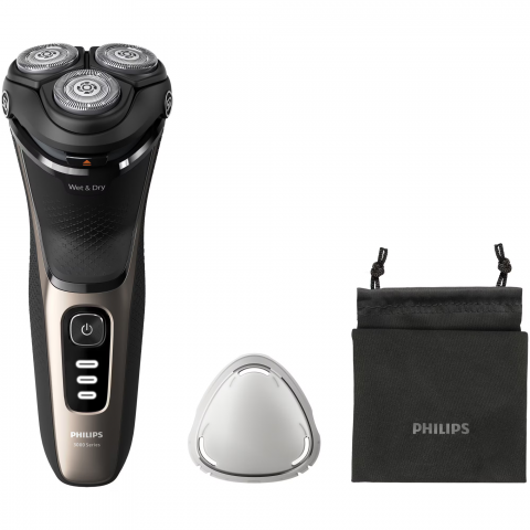 Aparat de ras PHILIPS Shaver Seria 3000 S3242/12, barbierit umed si uscat, fara fir, capete 5D pivotante si flexibile, lame autoascutire, 60 min, capac de protectie, Auriu cenusiu [3]
