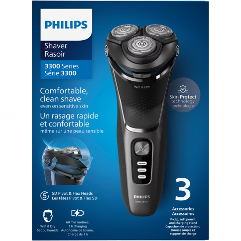 Aparat de ras PHILIPS Shaver Seria 3000 S3343/13, barbierit umed si uscat, fara fir, capete 5D pivotante si flexibile, lame autoascutire, 60 min, sistem de barbierire anticoroziune, capac de protectie [3]