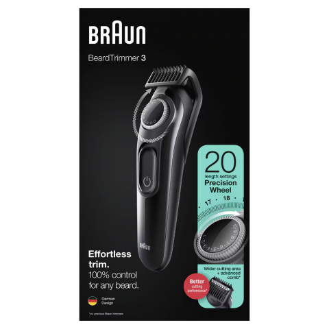 Aparat de tuns barba Braun Beard Trimmer BT3322, Wet&Dry, buton rotativ de precizie, 20 de setari pentru lungime, 1 pieptene, Negru [2]
