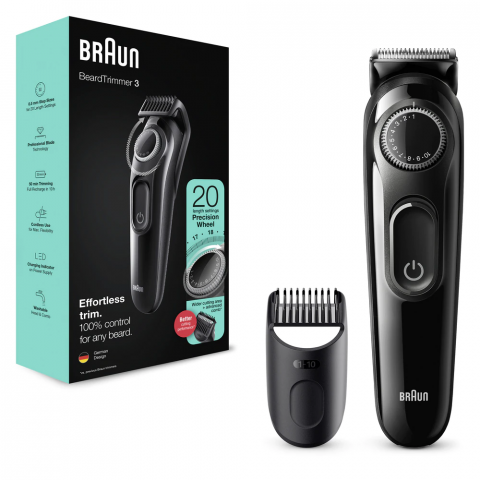 Aparate de Tuns si Ras - Aparat de tuns barba Braun Beard Trimmer BT3322, Wet&Dry, buton rotativ de precizie, 20 de setari pentru lungime, 1 pieptene, Negru