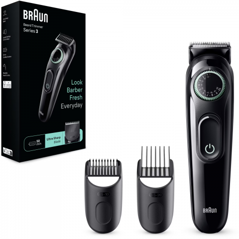 Aparat de tuns barba Braun Beard Trimmer BT3411, Wet&Dry, buton rotativ de precizie, 40 de setari pentru lungime, 2 piepteni, autonomie 50 minute, Negru/Verde [1]
