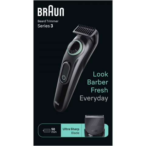 Aparat de tuns barba Braun Beard Trimmer BT3411, Wet&Dry, buton rotativ de precizie, 40 de setari pentru lungime, 2 piepteni, autonomie 50 minute, Negru/Verde [2]