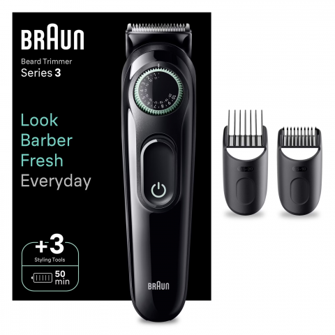 Aparate All in One - Aparat de tuns barba Braun Beard Trimmer BT3411, Wet&Dry, buton rotativ de precizie, 40 de setari pentru lungime, 2 piepteni, autonomie 50 minute, Negru/Verde