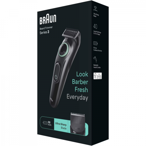 Aparat de tuns barba Braun Beard Trimmer BT3411, Wet&Dry, buton rotativ de precizie, 40 de setari pentru lungime, 2 piepteni, autonomie 50 minute, Negru/Verde [3]
