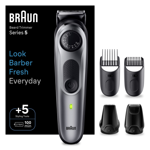 APARATE DE TUNS SI RAS - Aparat de tuns barba Braun Beard Trimmer BT5440, Wet&Dry, buton rotativ de precizie, 40 de setari pentru lungime, 1 mini-aparat de ras, 2 capete de tundere, 3 piepteni, autonomie 100 minute, Gri