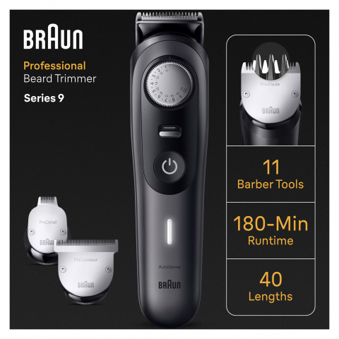 Aparat de tuns barba Braun Beard Trimmer BT9441, Wet&Dry, buton rotativ de precizie, 40 de setari pentru lungime, 3 capete, 4 piepteni, 1 aparat de ras Gillette, autonomie 180 minute, Trusa de calator [3]