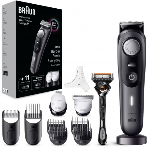 Aparat de tuns barba Braun Beard Trimmer BT9441, Wet&Dry, buton rotativ de precizie, 40 de setari pentru lungime, 3 capete, 4 piepteni, 1 aparat de ras Gillette, autonomie 180 minute, Trusa de calator [0]