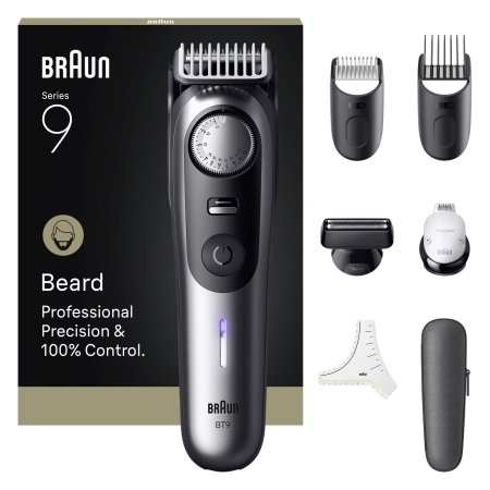 Aparate de Tuns si Ras - Aparat de tuns barba Braun Seria 9 BT9520, Lama ProBlade tehnologie AutoSense, Mod PowerBoost, Accesorii: 1 Capat ras PrecisionShave, 2 Piepteni, 1 sablon barba, 1 Cap pentru detaliere, 1 Cutie transp