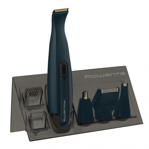 Aparate de Tuns si Ras - Aparat de tuns barba Rowenta Nomad TN3651F0, lame invelis titan, rezistent la apa, accesoriu pentru ras, baza de depozitare, albastru