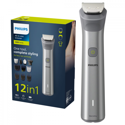 Aparate de Tuns si Ras - Aparat de tuns barba si parul 12 in 1 PHILIPS Multigroom All in One MG5940/15, tehnologie BeardSense, lame din otel cu auto-ascutire, 11 setari de lungime, rezistent la apa, husa, Negru / Argintiu