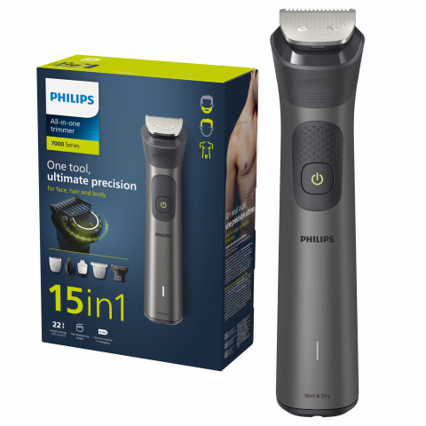 Aparate de Tuns si Ras - Aparat de tuns barba si parul 15 in 1 Philips Multigroom All in One MG7940/15, tehnologie BeardSense, lame din otel cu auto-ascutire, 22 setari de lungime, rezistent la apa, husa, Negru / Argintiu