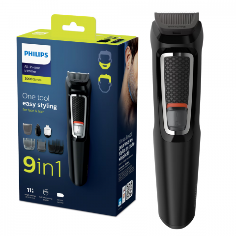 Aparate All in One - Aparat de tuns barba si parul 9 in 1 PHILIPS Multigroom MG3740/15, Lame cu ascutire, Acumulator, 6 piepteni par fata si cap, Negru