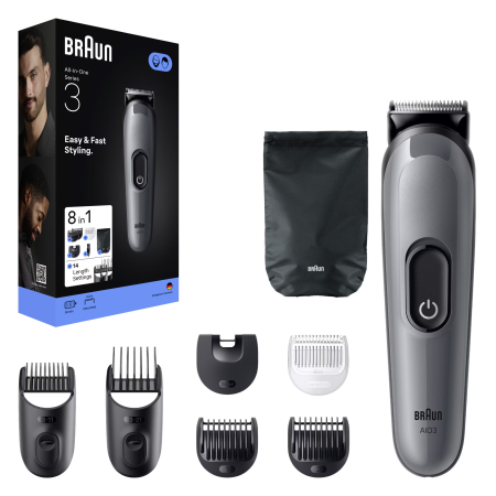 Aparat de tuns multifunctional Braun All-in-One Seria 3 AIO3540, 8-in-1, Lama ultra ascutita, 6 Piepteni, 1 Perie de curatare, 1 Saculet, 14 Setari de lungime , Autonomie 50 minute, Gri argintiu lucio [1]